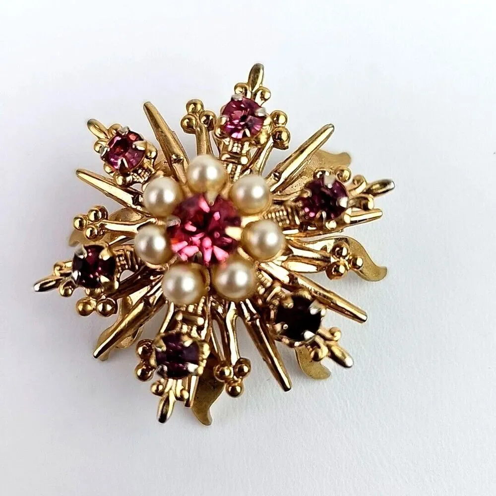 Vintage Pink Rhinestone Flower Brooch Faux Pearl Gold Tone Mid Century Floral Pi
